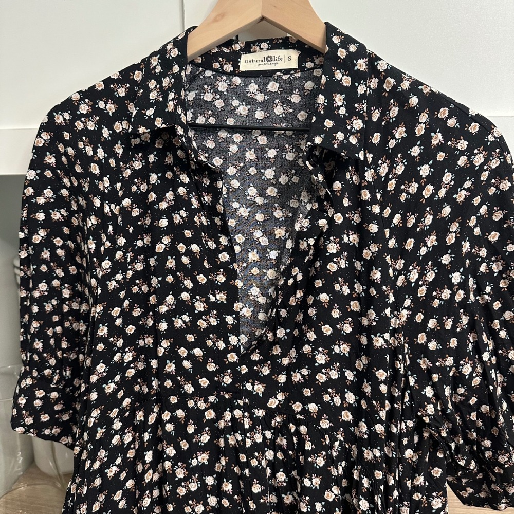 Natural Life Rebecca Midi Dress Womens S Black Ditsy Floral Tiered Button Front - Picture 16 of 16